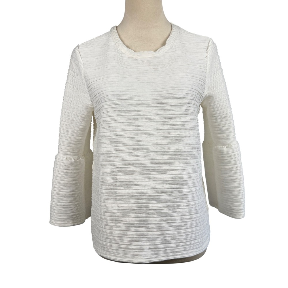 Textured Knit Bell Sleeve Top Round Neck Blouse‎ White Womens Medium Cozy Casual